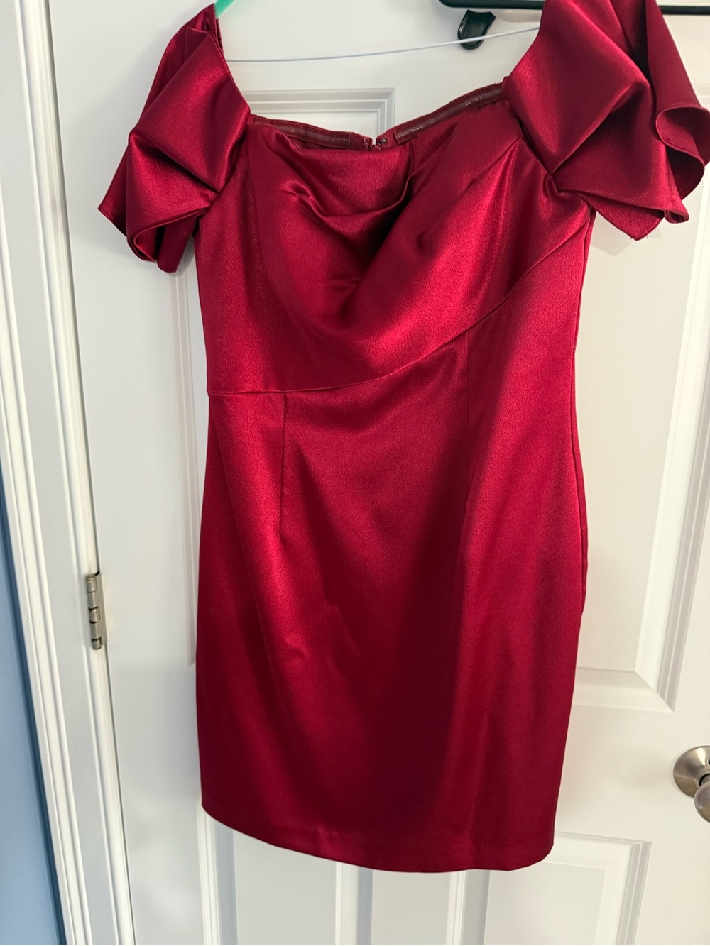 Satin Off-Shoulder Mini Dress in Deep Red
